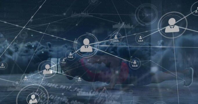 Animation of network of profile icons over clouds against fit man performing one handed push ups