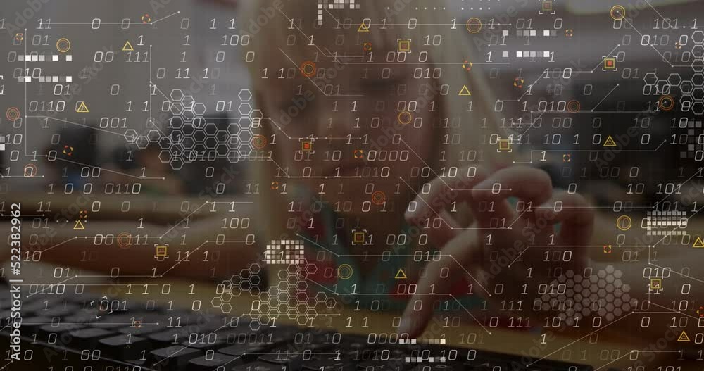 Poster animation of data processing and abstract shapes against caucasian girl using computer at school