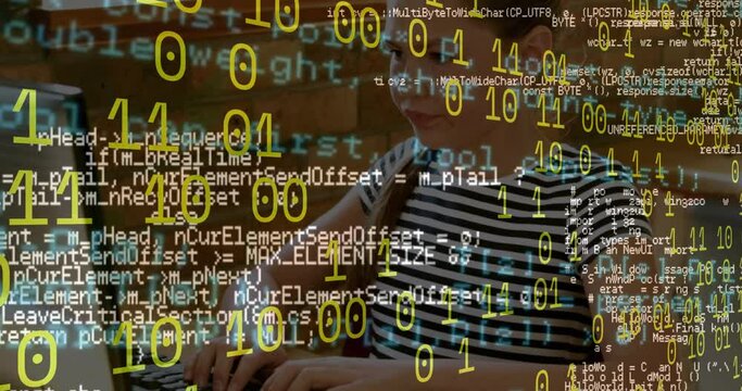 Animation of binary coding and data processing against caucasian girl using computer at school