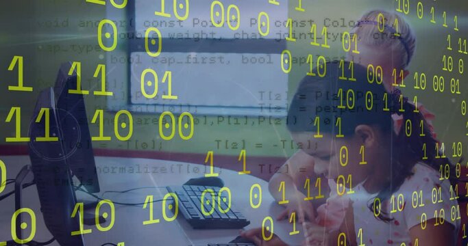 Animation of binary coding and data processing against two diverse girls using computer at school