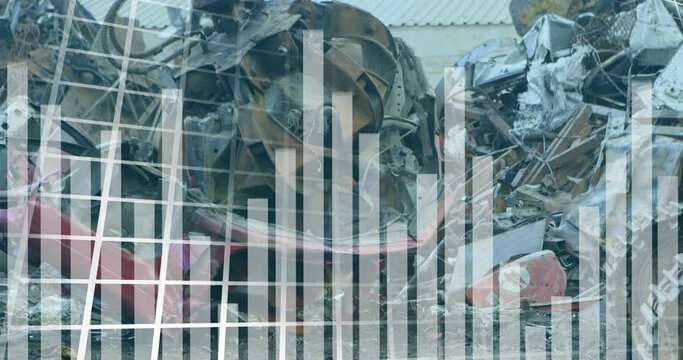Animation of statistical data processing over crane operating at junkyard