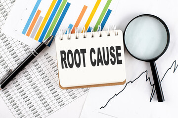 ROOT CAUSE text on notebook on the graph background with pen and magnifier