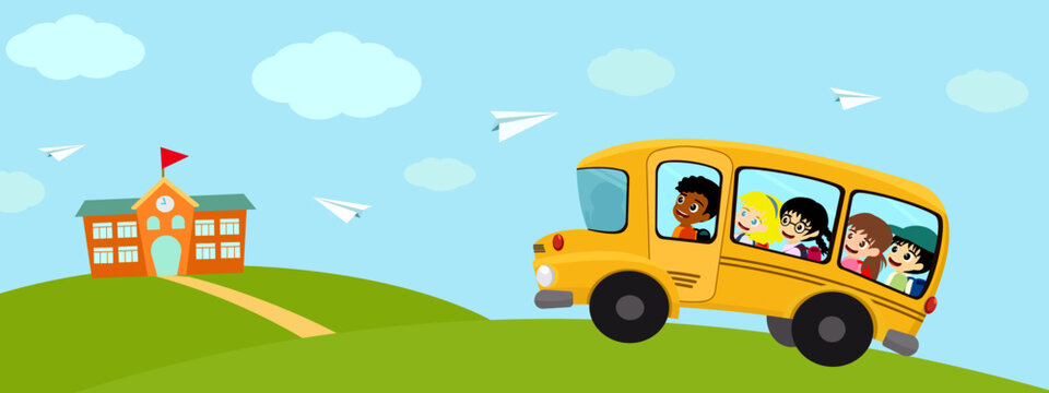 Back to school banner vector illustration, happy five student children on bus go to school with blue sky, clouds and paper airplanes, group multi ethnic friends funny together, diversity kid education