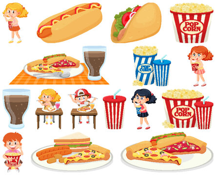 Set of different junk foods and kids