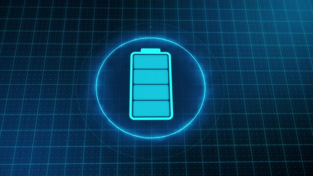 Battery charging animation for discharged battery to full charge. Futuristic digital high tech technology HUD style charge level indications. 