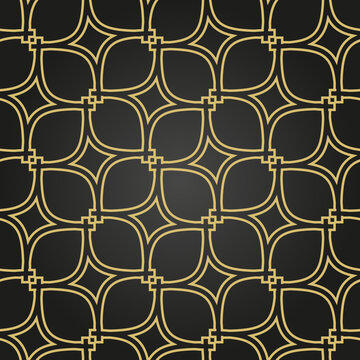 Seamless vector ornament in arabian style. Geometric abstract black and golden background. Grill with pattern for wallpapers and backgrounds