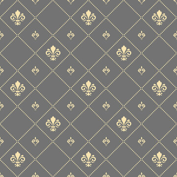 Seamless vector pattern. Modern grey and golden geometric ornament with royal lilies. Classic background
