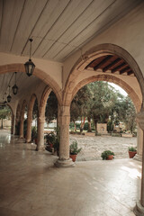 Beautiful arch with lanterns and potted plants in church