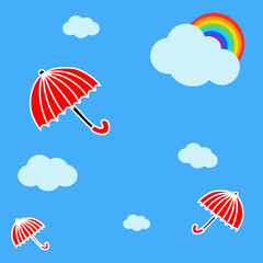 Red umbrella, clouds and rainbow in the blue sky background. Creative with cartoon style  hand drawn, flat design vector illustration