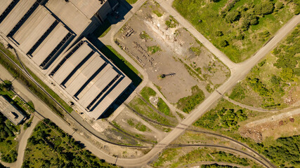 Aerial view to industrial zone and technology park. European industry from above. Architectural background