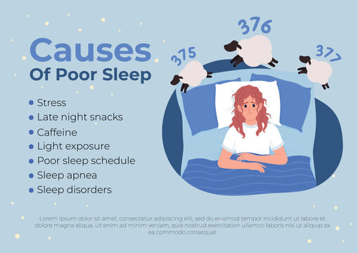 Causes of insomnia flat vector banner template. Informative poster, leaflet printable color designs. Editable flyer page with text space. Chewy Regular, Montserrat Bold, Light, Thin fonts used