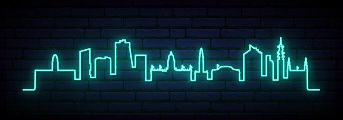 Blue neon skyline of Leeds. Bright Leeds City long banner. Vector illustration.