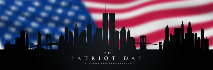Patriot day design with American blurred flag and panorama New York City skyline. 11 September, 2001 attacks. Long horizontal banner.