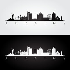 Naklejka premium Ukraine skyline and landmarks silhouette, black and white design, vector illustration.