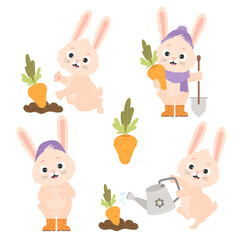 Collection cartoon funny rabbits and carrots. Cute bunny farmer waters carrots from watering can in garden bed, harvests and stands with shovel. Vector illustration for postcards, design and decor.
