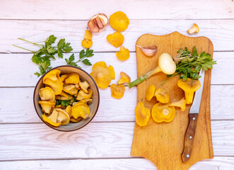 fresh chanterelle mushrooms with fresh vegetables, onions, garlic, parsley, on a board with a cooking knife, top view.