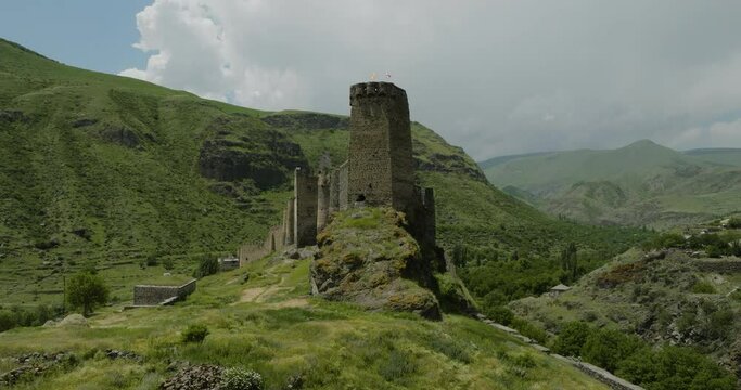 Middle Age And Primeval Castle Of Khertvisi Fortress In Historical Meskheti, South Georgia. Low Angle-Drone Shot