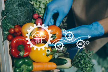 Futuristic businessman farms vegetables and crops using modern AI technology using mobile phones, temperature and humidity sensors, water tracking, climate control, holographic data data icons.