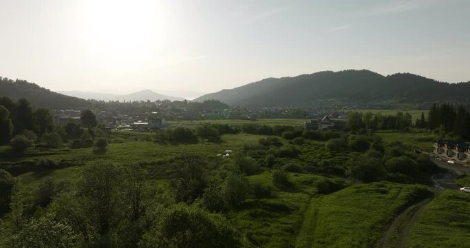 Bakuriani Settlement And Ski Resort With Scenic Mountains At Background In Borjomi District of Georgia. Aerial Wide Shot
