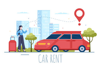 Car Rental, Booking Reservation and Sharing using Service Mobile Application with Route or Points Location in Hand Drawn Cartoon Flat Illustration