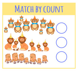 Kids learning number material. Educational game for preschool children with different subjects. Cartoon vector illustration