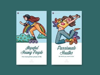 Instagram template with happy youth fun concept,watercolor style