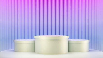 3d rendering triple podium Mockup for product presentation, Blank showcase mockup with blue and purple vertical cylinder background
