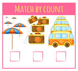 Kids learning number material. Educational game for preschool children with different subjects. Cartoon vector illustration