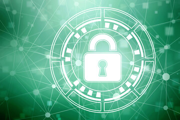 Digital Padlock on abstract technology background, Technology security concept. Modern safety digital background. Protection system, Cyber Security and safety information, personal data concept