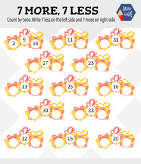Children's mini-game 7 more, 7 less. Cartoon style. Vector illustration