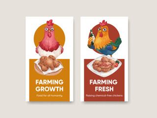 Instagram template with chicken farm food concept,watercolor style
