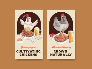 Instagram template with chicken farm food concept,watercolor style