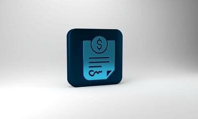 Blue Contract money icon isolated on grey background. Banking document dollar file finance money page. Blue square button. 3d illustration 3D render