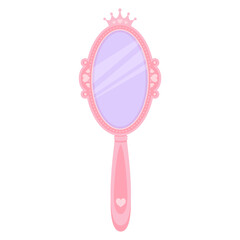 Pink princess mirror with crown. Cartoon oval hand frame for girls birthday decor. Cute vector illustration isolated on white background. © Chorna_L