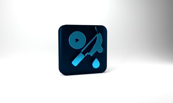 Blue Thriller movie icon isolated on grey background. Bloody knife. Suspenseful cinema genre, survival horror. Shocking films with gore and violence. Blue square button. 3d illustration 3D render