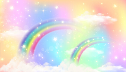 Pink rainbow and clouds on gradient background. Fantasy sky with stars. Unicorn abstract backdrop. Cute watercolor vector illustration.