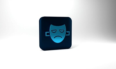 Blue Drama theatrical mask icon isolated on grey background. Blue square button. 3d illustration 3D render
