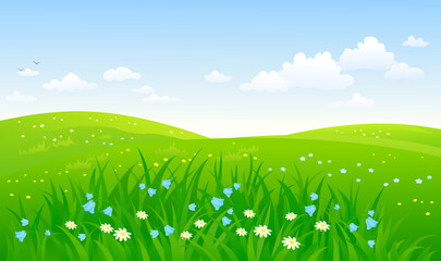 Vector illustration of a green landscape, flowers fields and blue sky background