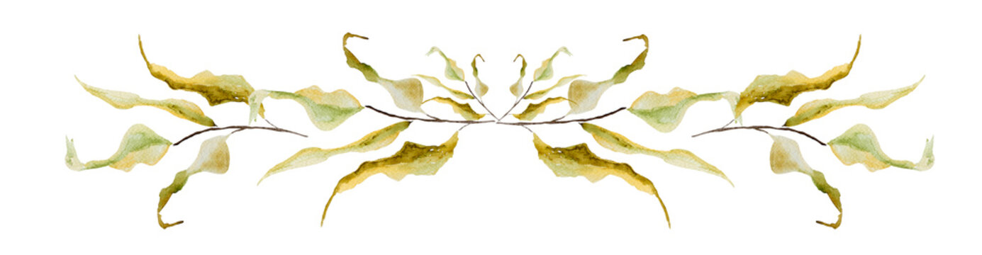 Leaves yellow dry frame border watercolor. Template for decorating designs and illustrations.