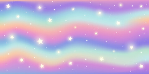 Rainbow fantasy background. Holographic illustration in pastel colors. Cute wavy pattern. Bright multicolored sky and stars. Vector. © Chorna_L