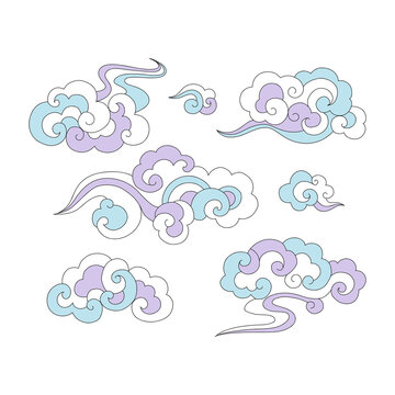 Retro 60s 70s curly crimpy Oriental clouds vector illustration set isolated on white. Groovy Hippie Halloween cloudy sky print collection for T-shirt design.
