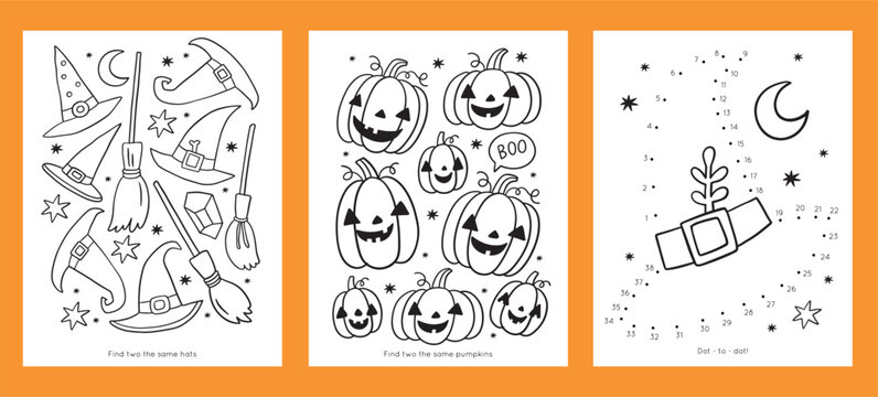 Happy Halloween - coloring pages for kids. Printable activity, worksheets. Educational game for preschool. Learn numbers and colors. Vector cute cartoon worksheets