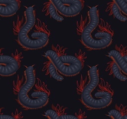 Seamless pattern with scary centipedes with foliage and leaves on dark gray background. Vector texture with julida and stems