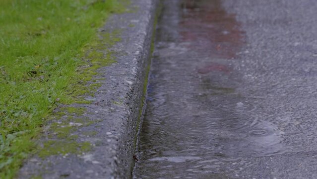 A close up shot of an asphalt road where water is seen accumulated due to heavy rain. A panoramic view of countryside road in a rainy summer day