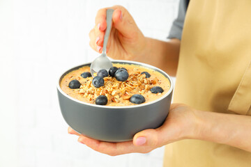 Concept of tasty and healthy food with smoothie