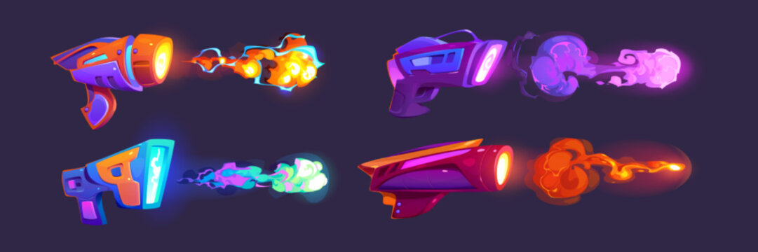 Laser blasters, space guns vfx effect with plasmic beams and rays. Raygun pistols, kid toys or futuristic alien weapon. Game comic energy phasers with colorful lightnings, Cartoon vector illustration