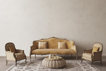 Vintage living room interior design with lounge sofa and armchair. 3d render illustration. © Viktoria Kovalchuk