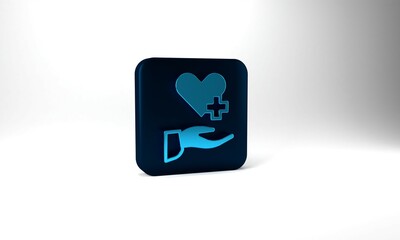 Blue Heart with a cross icon isolated on grey background. First aid. Healthcare, medical and pharmacy sign. Blue square button. 3d illustration 3D render
