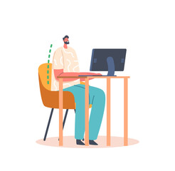 Male Character Correct Sitting Position during Working at Computer. Man Worker with Straight Back Sit at Table