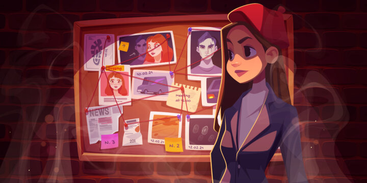 Detective girl stand at board with evidence and criminal photos connected with red thread. Young woman in police office, female inspector character investigate crime, Cartoon vector illustration